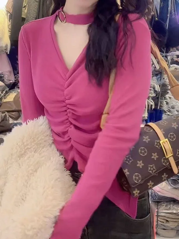 

Новинка: Женский облегающий топ с V-образным вырезом, коротким рукавом, в корейском стиле, осенне-зимний, цветной