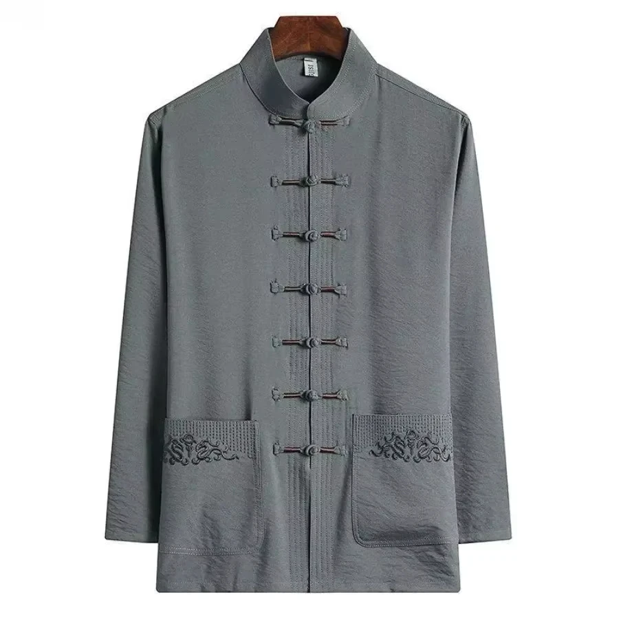 

Traditional Chinese Style Men Hanfu Tang Suit Fashion Stand Collar Embroidery Tops Male Comfort Long Sleeve Ice Silk Shirts