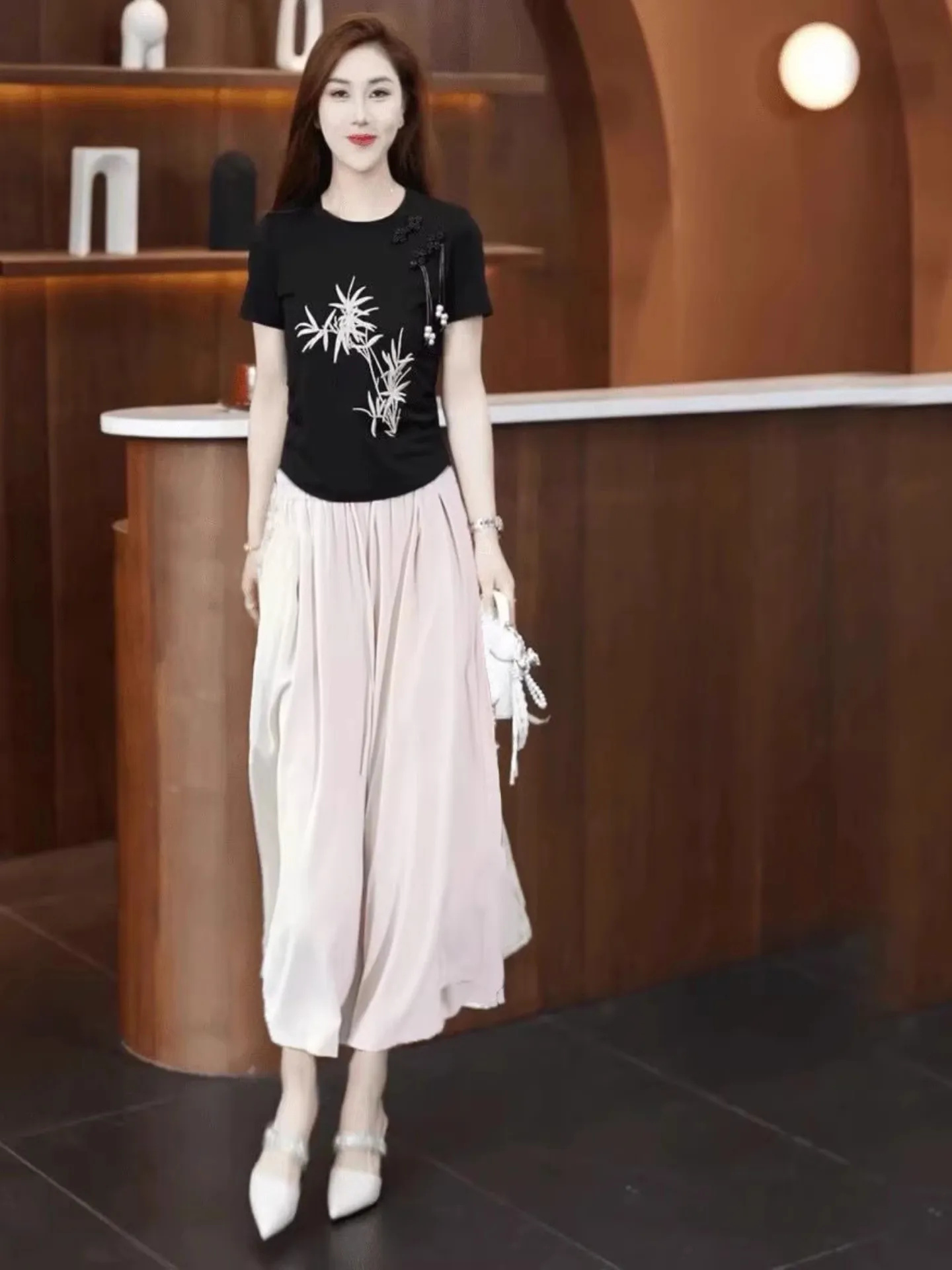 Spodnie damskie z wysokim stanem, szerokimi nogawkami, z jedwabiu lodowego, długość 7/8, letnie, luźne, chłodne, cienkie spodnie-spódnica, spodnie codzienne, oddychające, poliest...