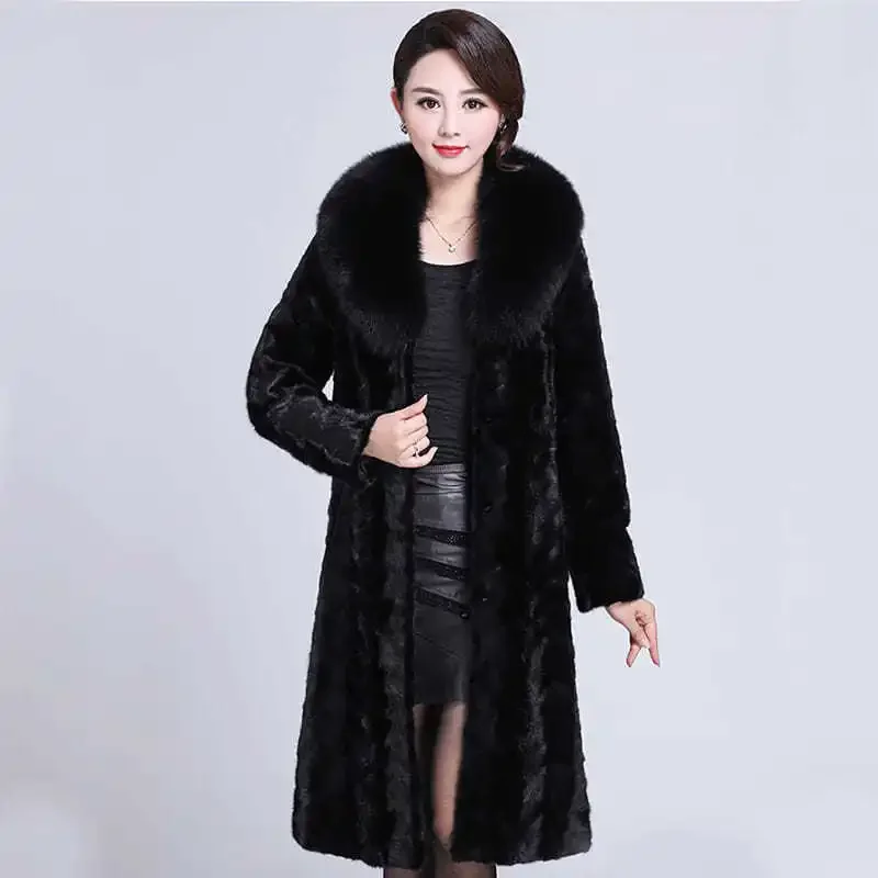 Women\'s Winter Mink Fur Coat Warm Black with Mink Fur Mid-length Fox Fur Collar Coat Plus Size Plus Size Thick and Elegant