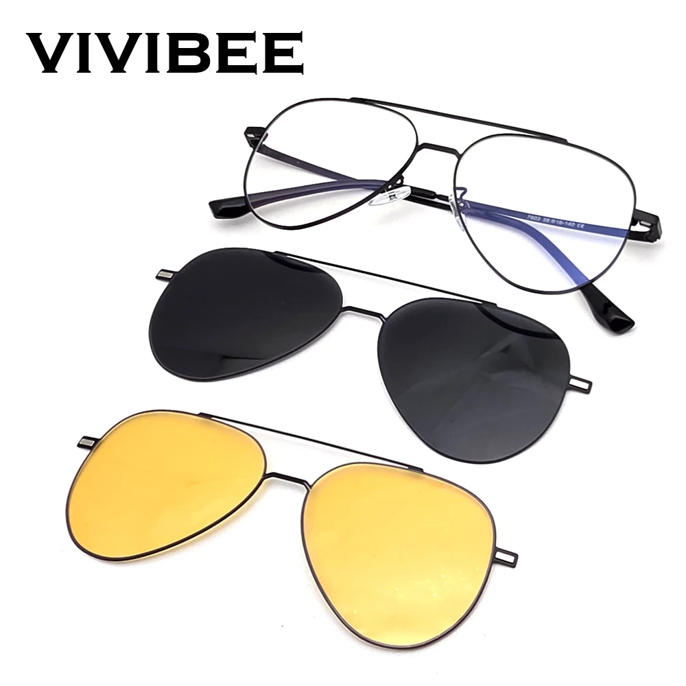 VIVIBEE Pilot Magnetic Blue Light Glasses Clip On Sunglasses Aluminium Frame Aviation Men Night Vision Driving Eyeglasses