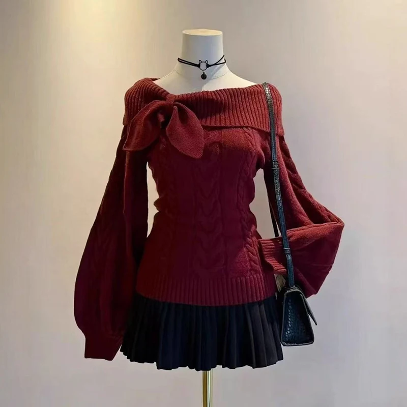 Sweet Hot Girl Bow Sweaters Women Off Shoulder Lantern Sleeve Knitted Tops Y2K 2000s Aesthetic Jumpers Slim Fit Chic Pullovers