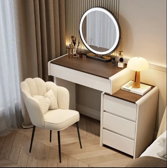 Meja Rias Modern - Meja Rias Krim Hemat Ruang dengan Cermin LED & Laci Terintegrasi (Meja Rias Apartemen Kecil