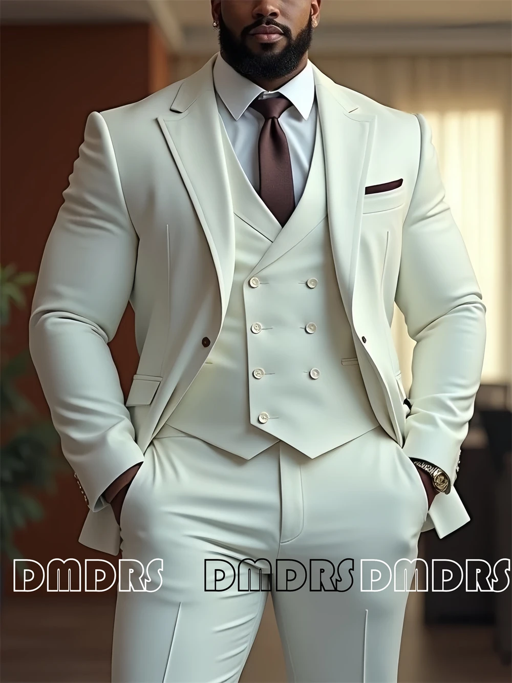 

Plus Mens Suit Set Three Pieces One Button Jacket, Double Breast Vest Pants Wedding Suit for Groom, Groomsman Suit Set Tuxedo