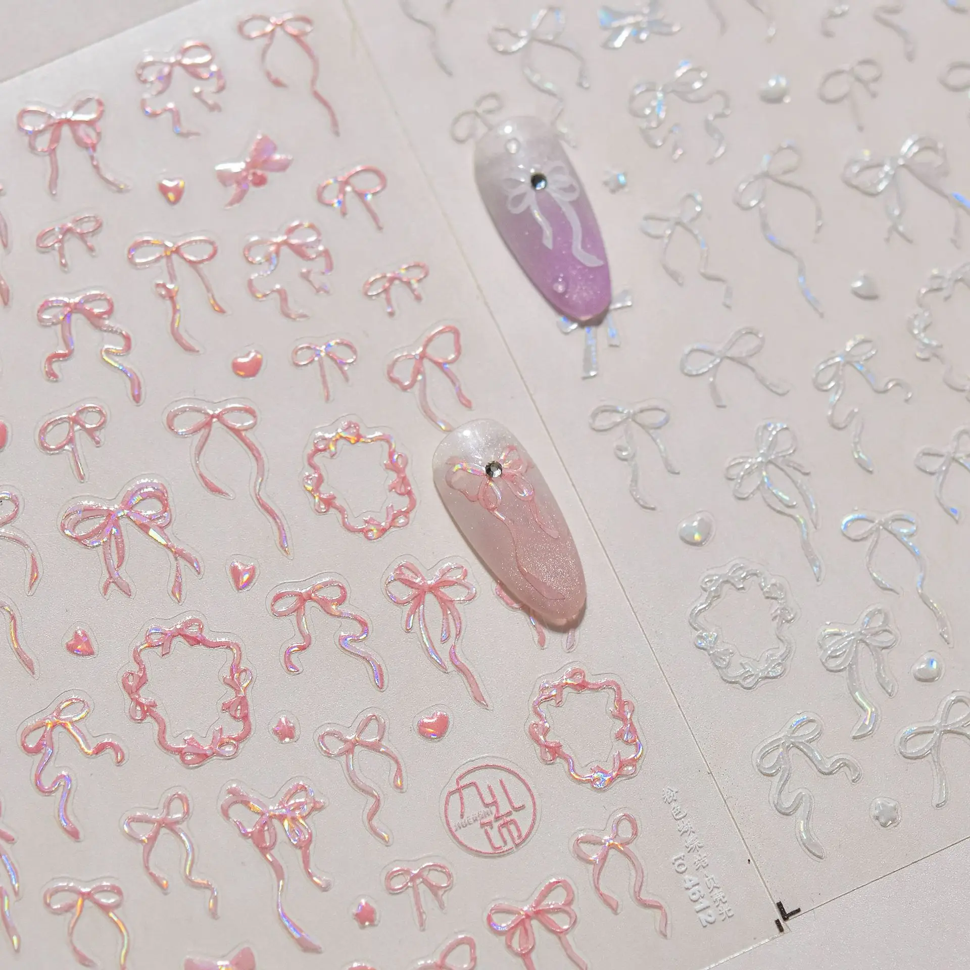 

1Pcs 5D Tender Pink White Bowknot Nail Sticker Shell Lace Bow Heart Nail Decals Shiny Aurora Self-adhesive Nail Slider Stickers#