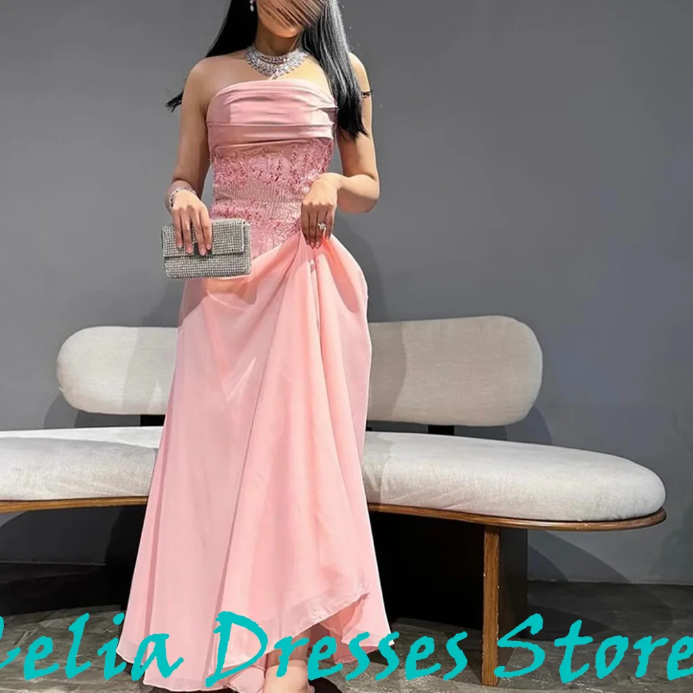 Strapless Straight Pleats Sleeveless Floor Length Sweep Train Solid Color Crystal Beading Classic Celebrity Dress Evening Dress