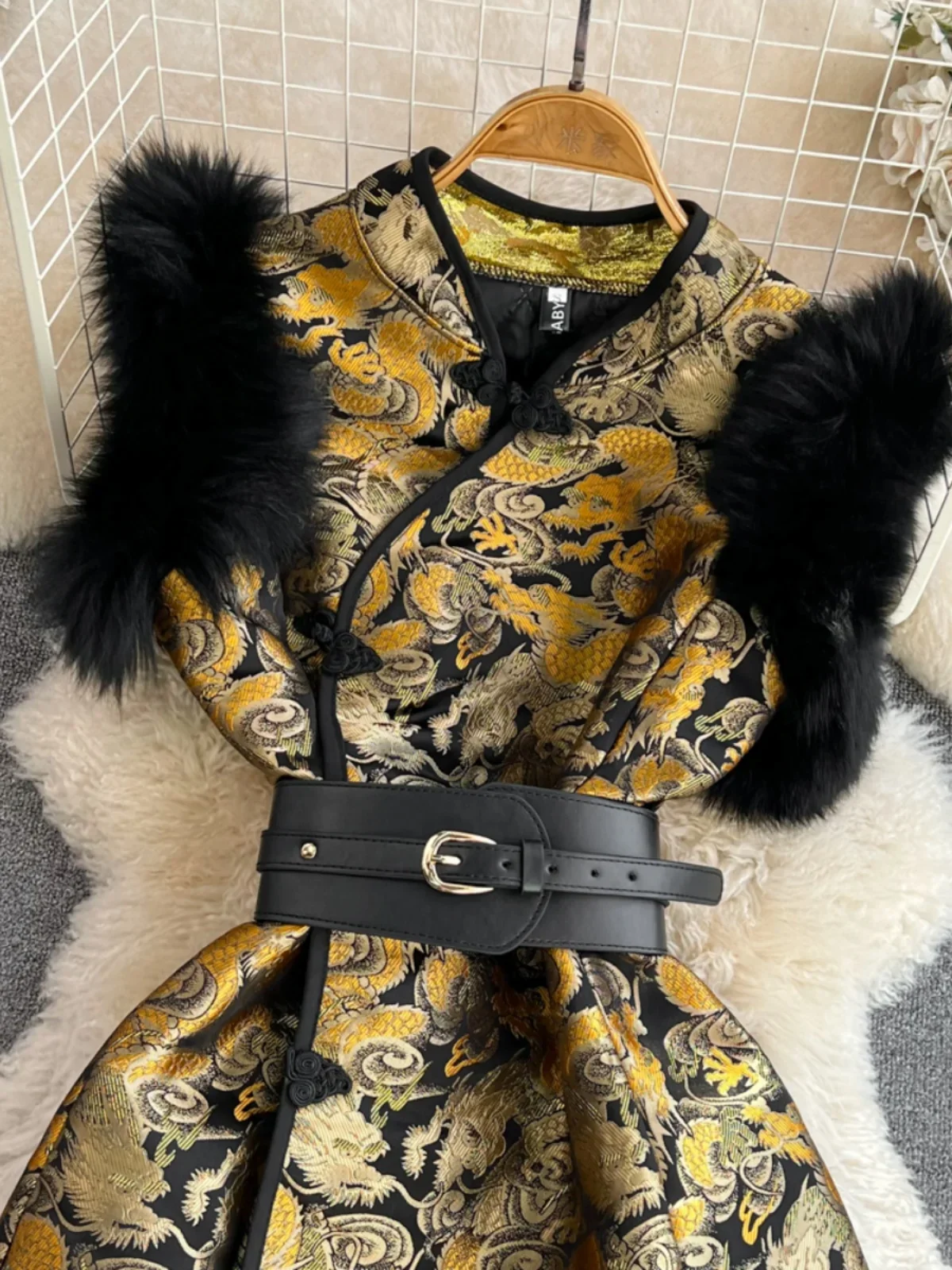 Autumn and Winter Retro Chinese-style Faux Fur Splicing Vest Stand-up Collar Waist Slim Short A-line Jacquard Dress