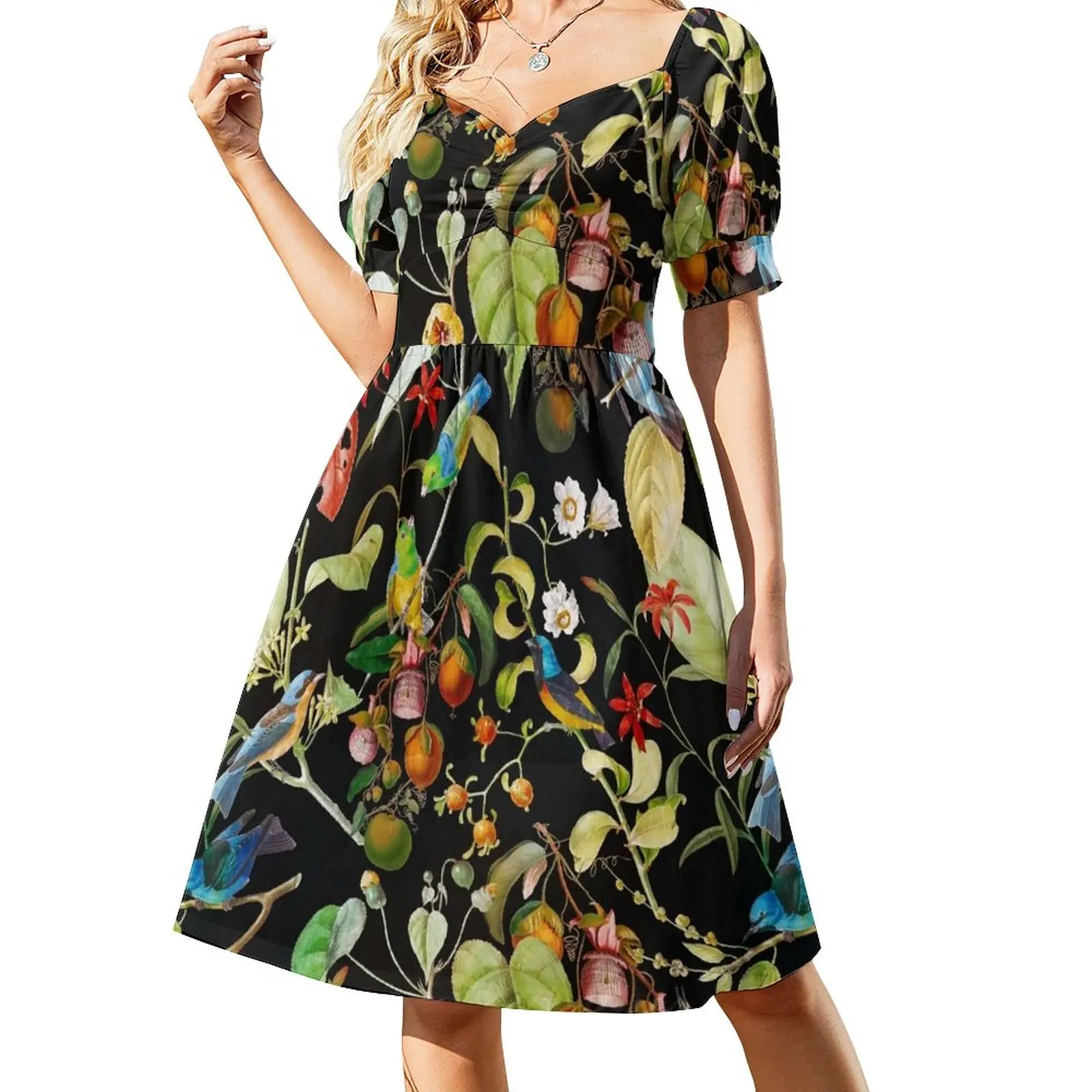 

Vintage tropical sing birds and fruits pattern black Sleeveless Dress women clothes Women's summer dress