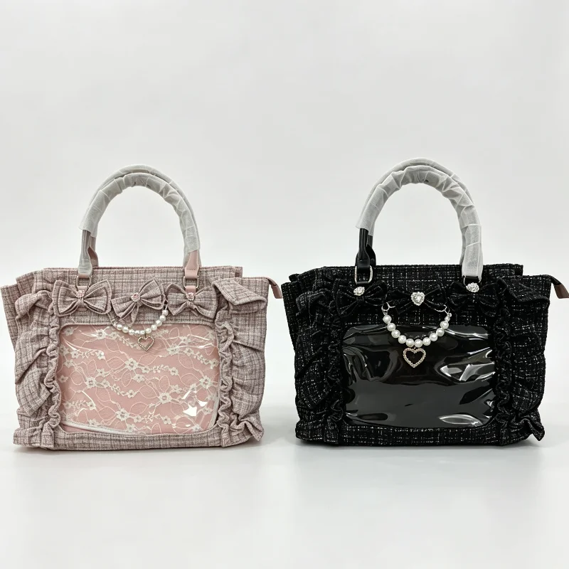 Japan Anime Y2k Style Ita Bag Sweet Cute Transparent Pocket Large Capacity Handbag Ruffle Bow Decoration Jk Uniform Shoulder Bag