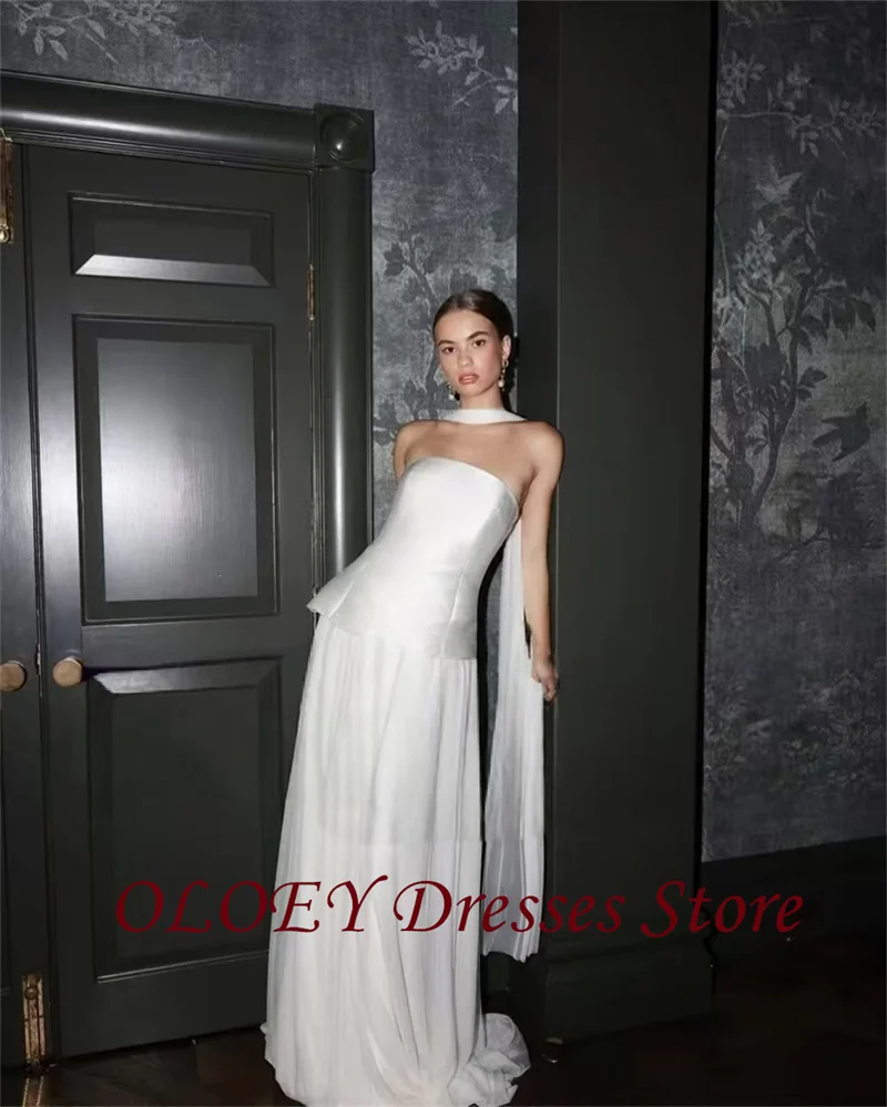 OLOEY Modern Simple A Line Wedding Dresses 2 pcs Strapless Scalf Satin Tulle Scalf Bridal Gowns Plus Size Robes Customized