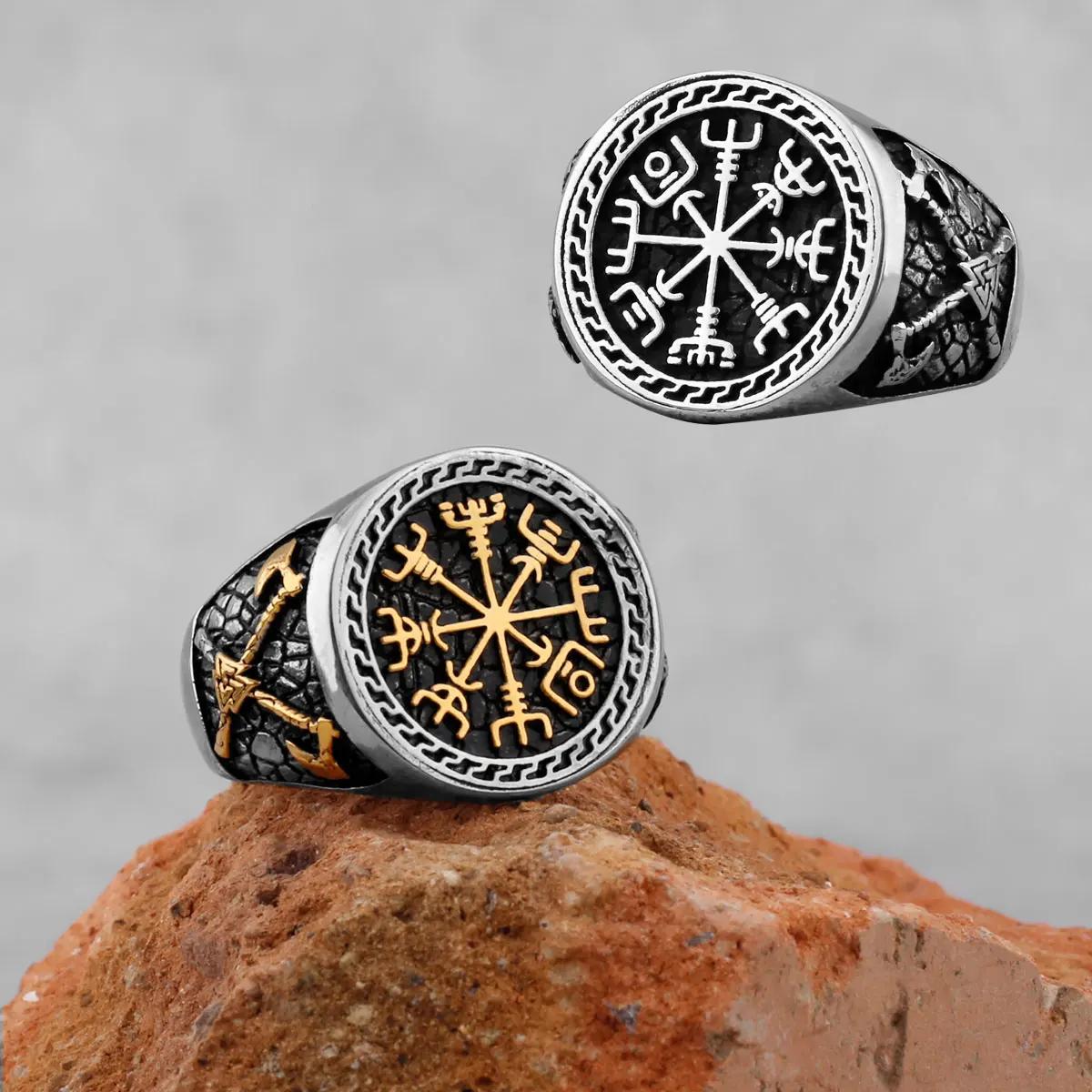 Vintage Viking Stainless Steel Compass Ring Men's Viking Valknut Axe Ring Punk Odin Rune Gold Color Ring Jewelry Gift Wholesale