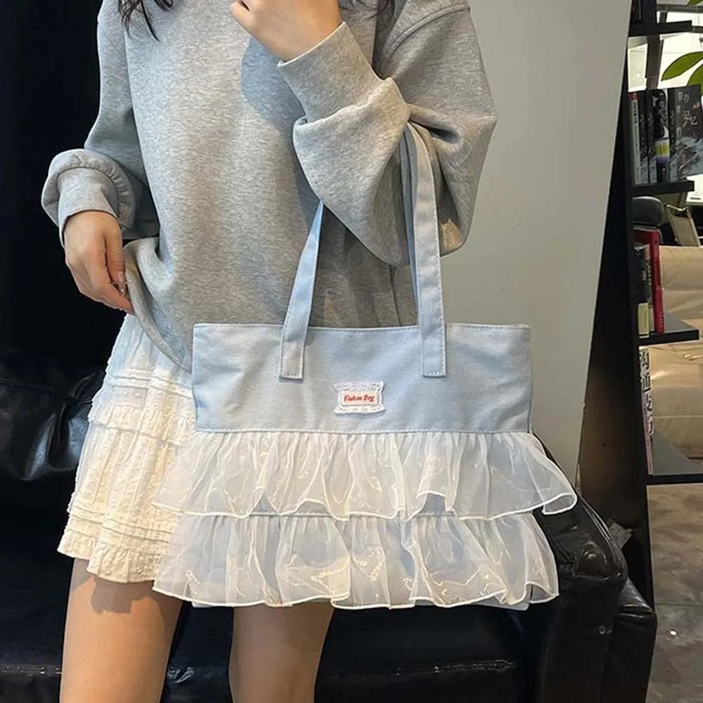 

Портативная джинсовая синяя большая сумка в корейском стиле, черная дорожная сумка на плечо с магнитной кнопкой, большая вместительная джинсовая кружевная сумка