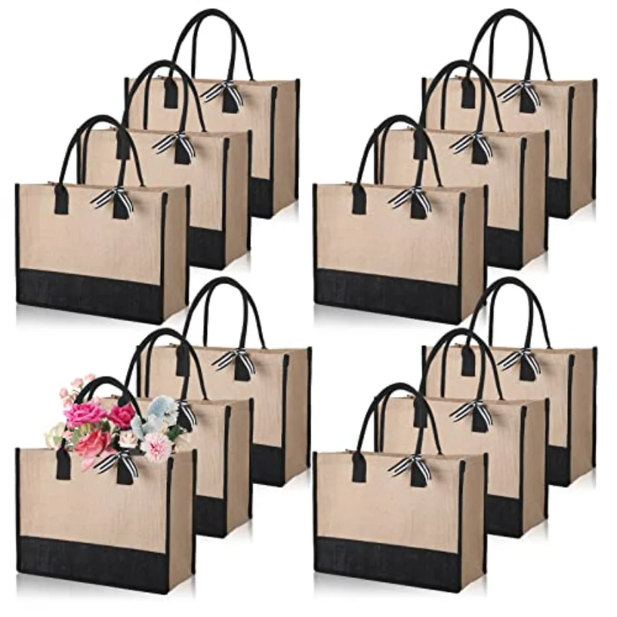 

12 Pieces Burlap Tote Bags Set Jute Tote Bag with Handles Initial Canvas Beach Bag Large Reusable Burlap Gift Tote Bag for Wome