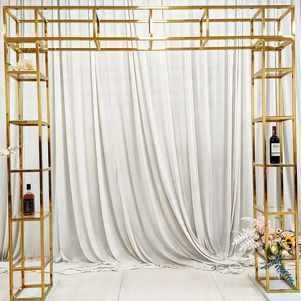 Custom Square Backdrop Stand Gold Metal Wedding Bar Wine Shelf For Event Decoration