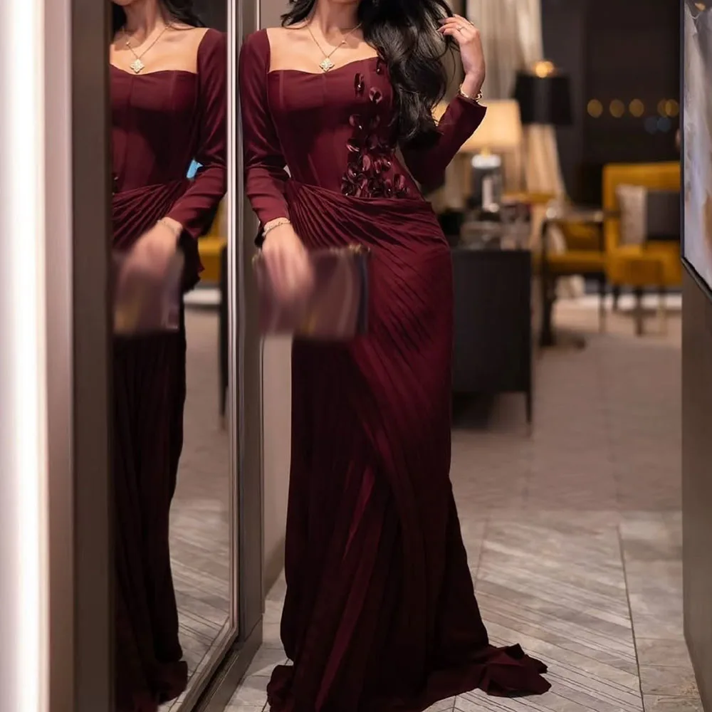 

Customized A-Line Prom Dresses Floor-Length Square Collar Full Sleeve Evening Gown Fashion Crystal Flowers Draped Party Gown