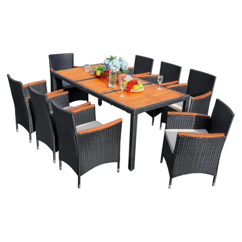 

9 Piece Patio Dining Set Outdoor Acacia Wood Table and Chairs with Soft Cushions Wicker Patio Furniture for Deck Backyard Garden