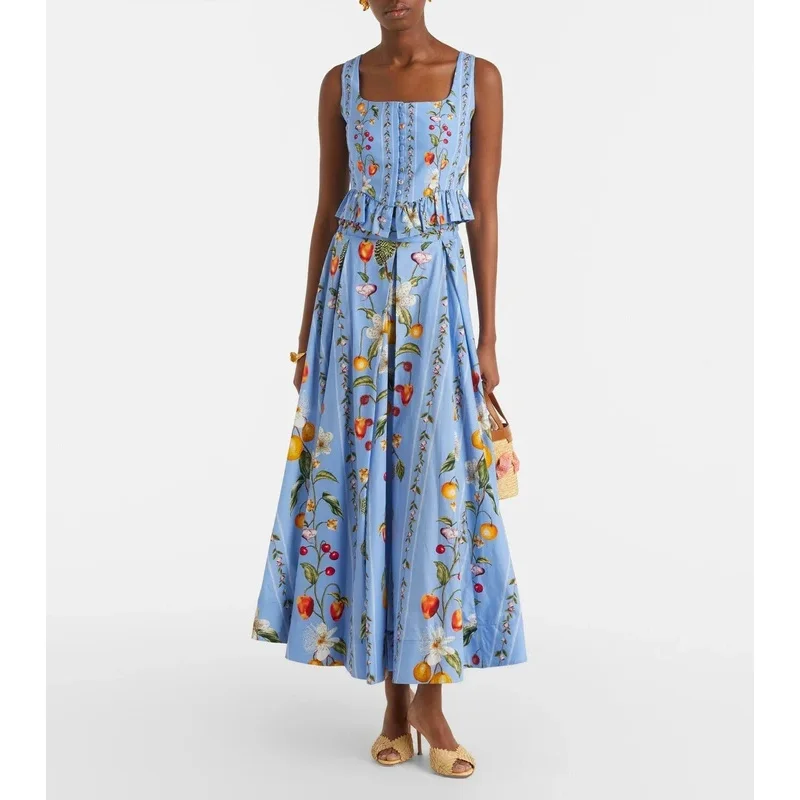Women Flower Print Single Breasted Ruffles Hem Crop Top  High Waist Big Swing Long Skirt