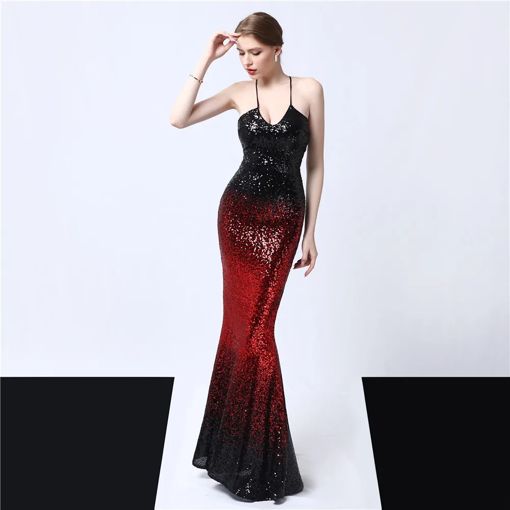 

Customized Women's Halter Sequins Sleeveless Backless Mermaid Evening Dress