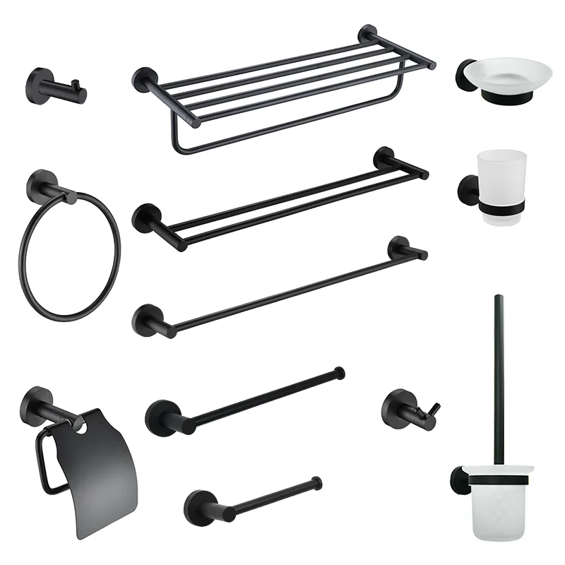 

Matte Black Bathroom Hardware Set Bathrobe Hook Towel Bar Bar Toilet Paper Holder Toothbrush Holder Bathroom Toilet Accessories