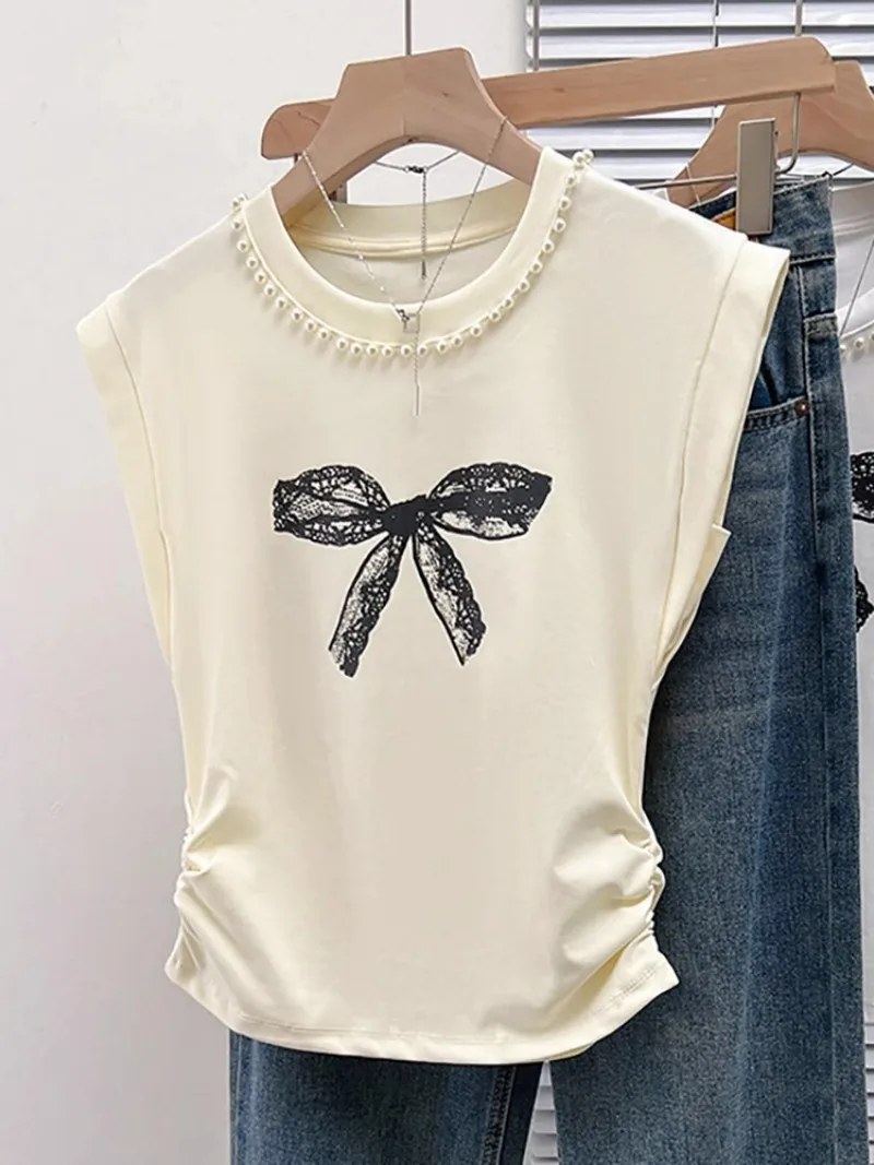 

O Neck Beading Flying Sleeve Design Sense Tees Y2k Aesthetic Vintage Women Clothing Tops Bowknot Print Pleated Slim T-shirts