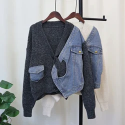 V-neck Knitted Sweater Spliced Denim Cardigan Coat Women Autumn Winter Single Breasted Loose Tops Women's Clothing Trendy