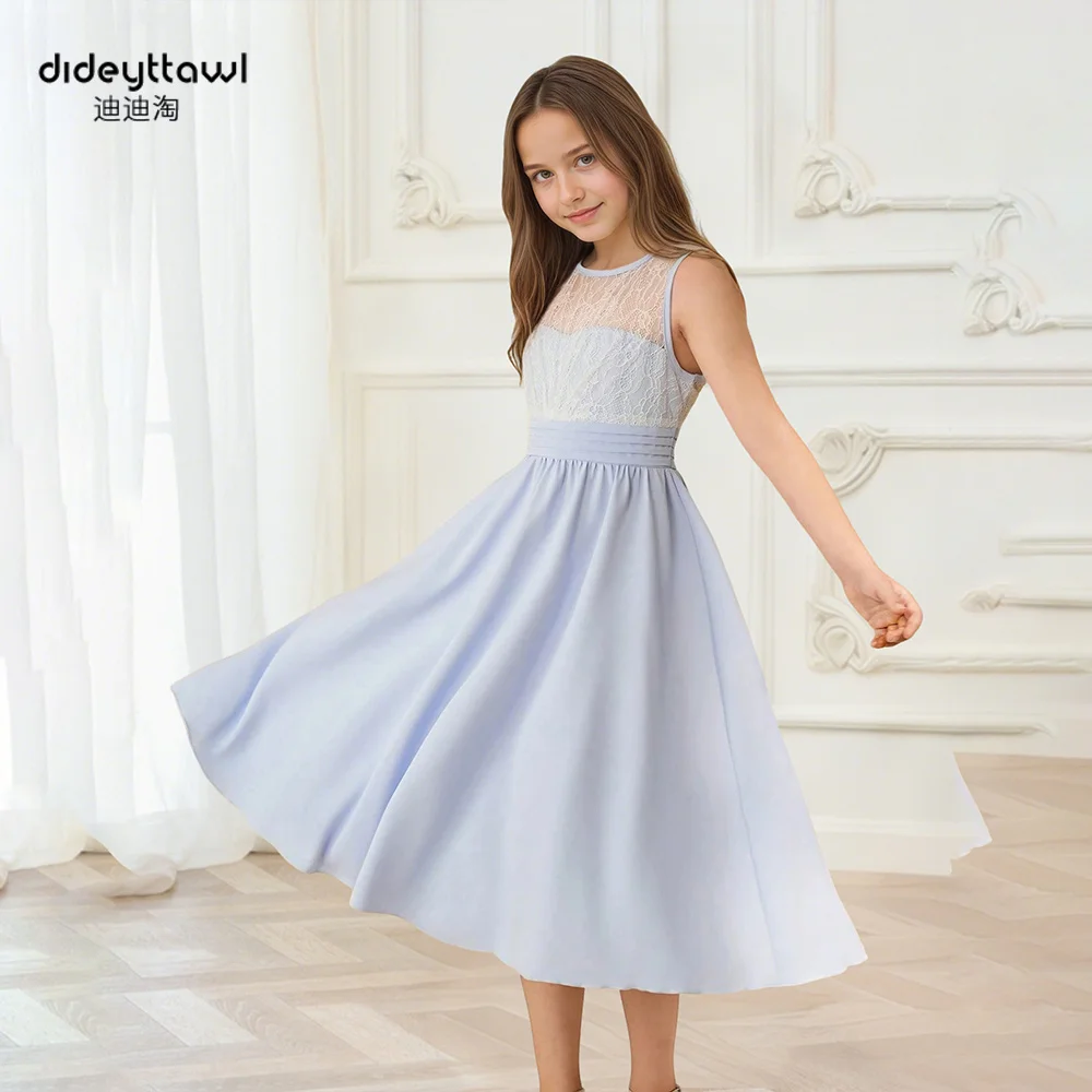 

Dideyttawl Trendy Sleeveless Lace-Embellished Girls Dress Round Neck Back Cutout Bow A-Line Midi Length Elegant 2025 Bridal Gown