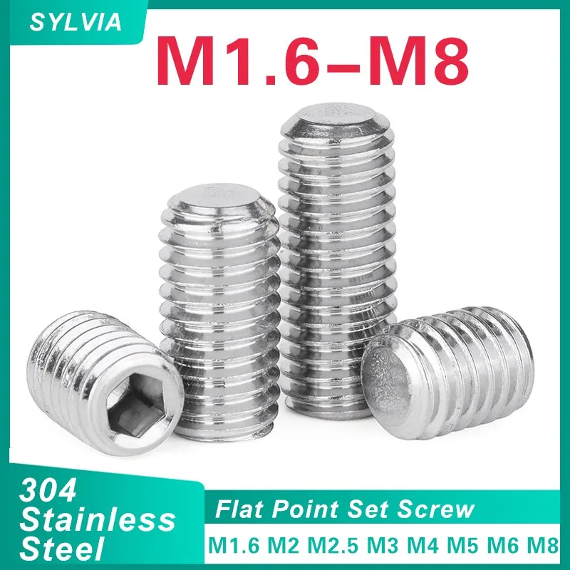 50/ 20/ 10pcs M1.6 M2 M2.5 M3 M4 M5 M6 M8 DIN913 304 Stainless Steel Allen Hex Hexagon Socket Flat Point Set Screw Headless Bolt