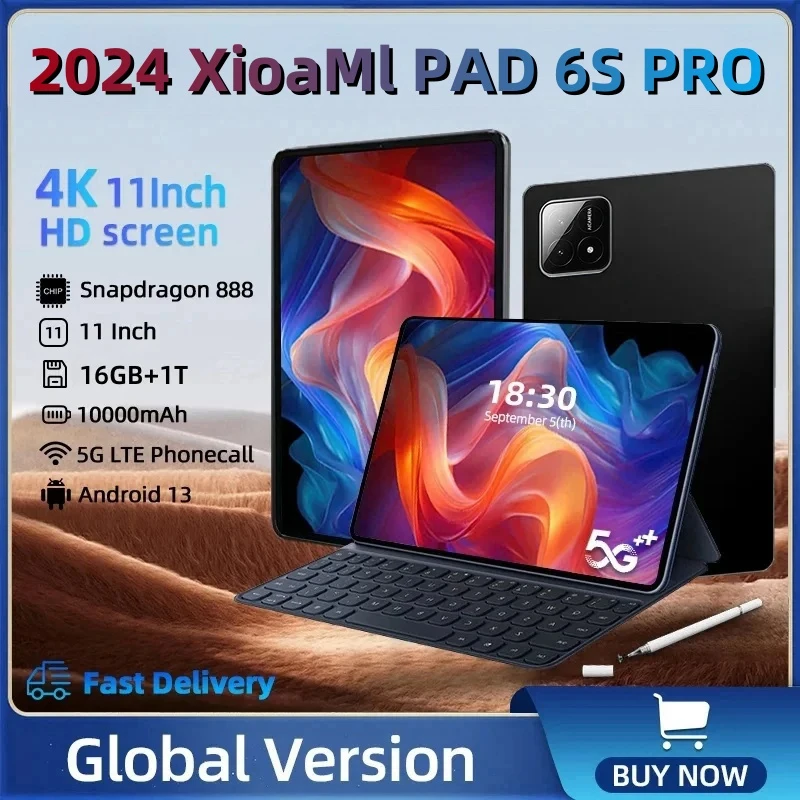 

Новинка, Оригинальный планшет 6S Pro, 11 дюймов, HD, 4K, Android, 13, 16 ГБ + 1 ТБ, 10000 мАч, телефон, планшет с двумя SIM-картами, Bluetooth, Wi-Fi, GPS