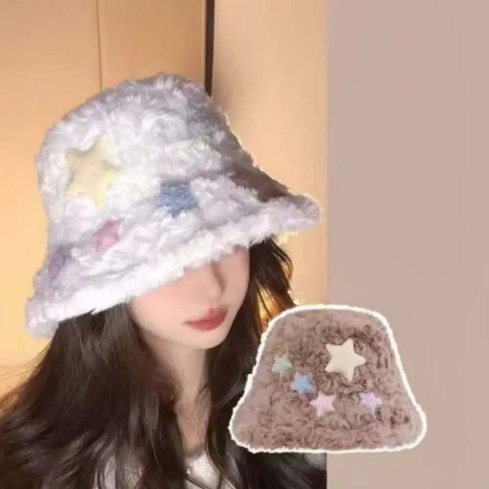 Fashion Lamb Wool Bucket Hat Winter Warm Plush Fisherman Cap Chic Star Embroidery Thickened Cozy Casual Women Headwear