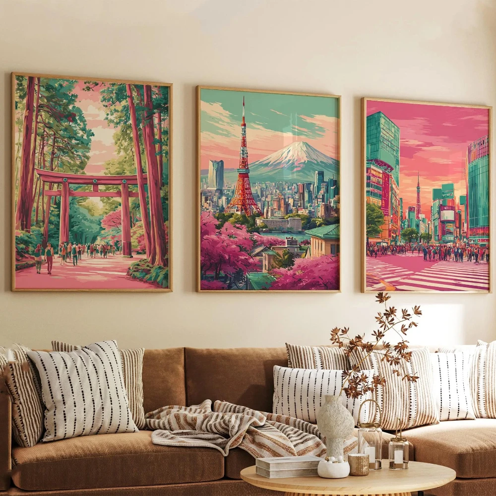 3 carteles artísticos retro con paisaje urbano en color rosa: impresiones en lienzo sin marco de Tokio, Japón, decoración del hogar para salas de estar y dormitorios, regalo