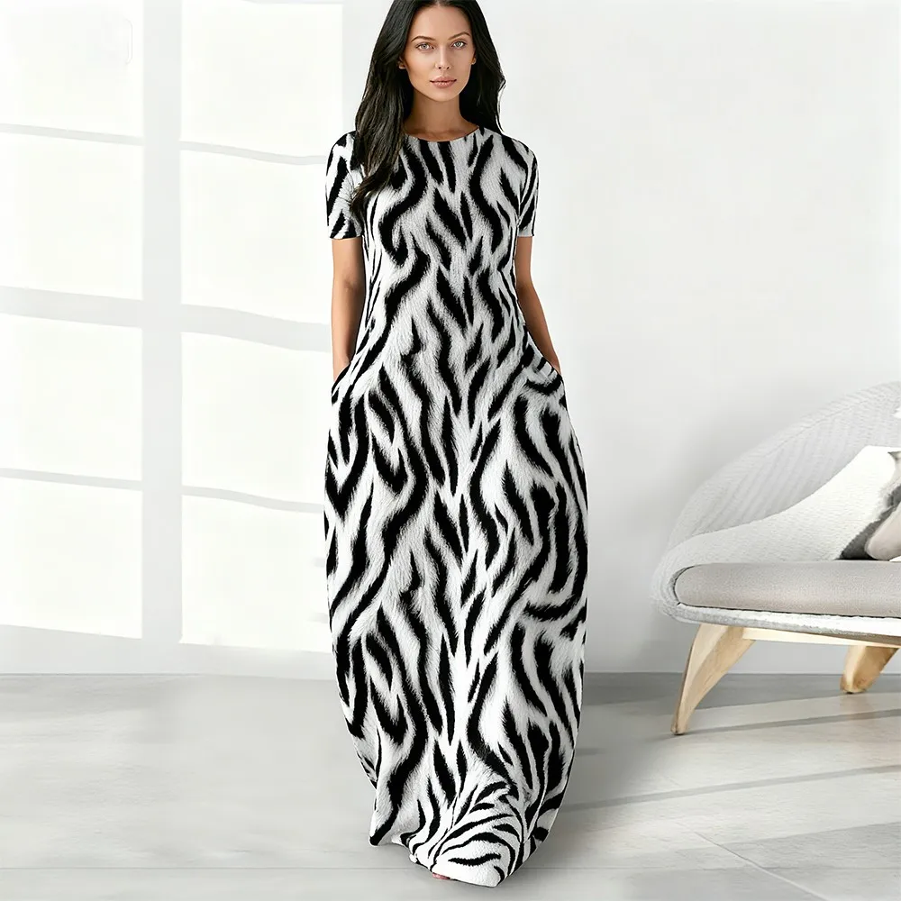 

Women's Sexy Leopard And Tiger Print Dress Loose Plus Size Short Sleeve Long Dress Casual Fashion Party Round Neck Maxi Dress