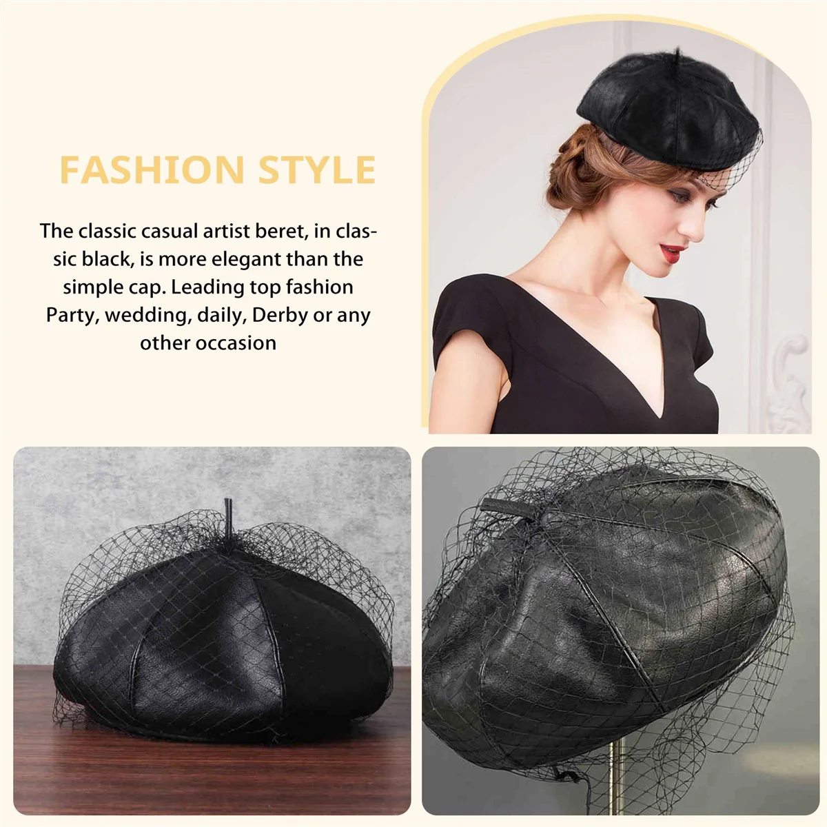 

AB7-Fascinating Black Hat Chic Leather French Beret With Veil Mesh Show Double Layer Women Beret Beanies Cap