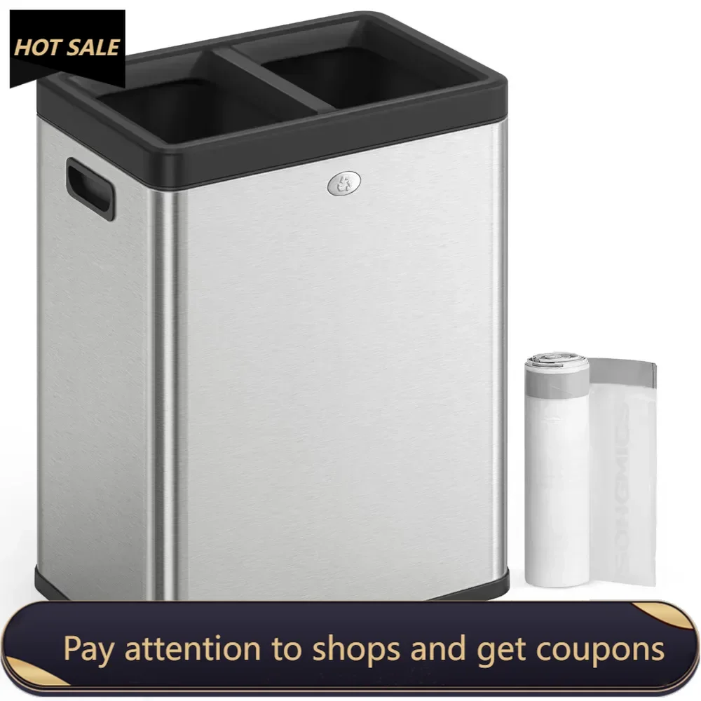 Dual Compartment Garbage Can for Waste and Recycling Recycle Bin 2 X 6.6 Gallon Open Top Trash Can Separate Trash Bins Silver