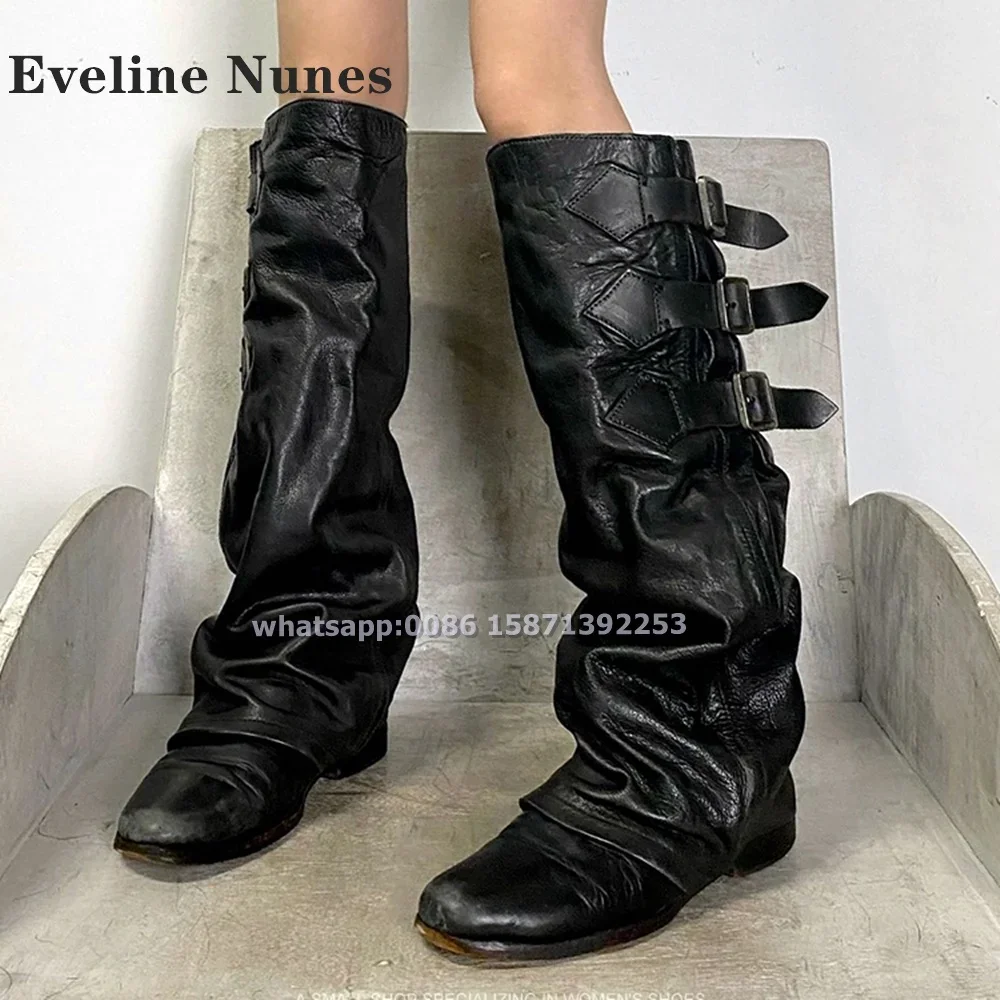Belt Buckle Fold Down Boots Round Toe Tank Soled Retro Sleek Modern Mid-Calf Boots Slouchy Pleated Patchwork Boots 2024 Trend