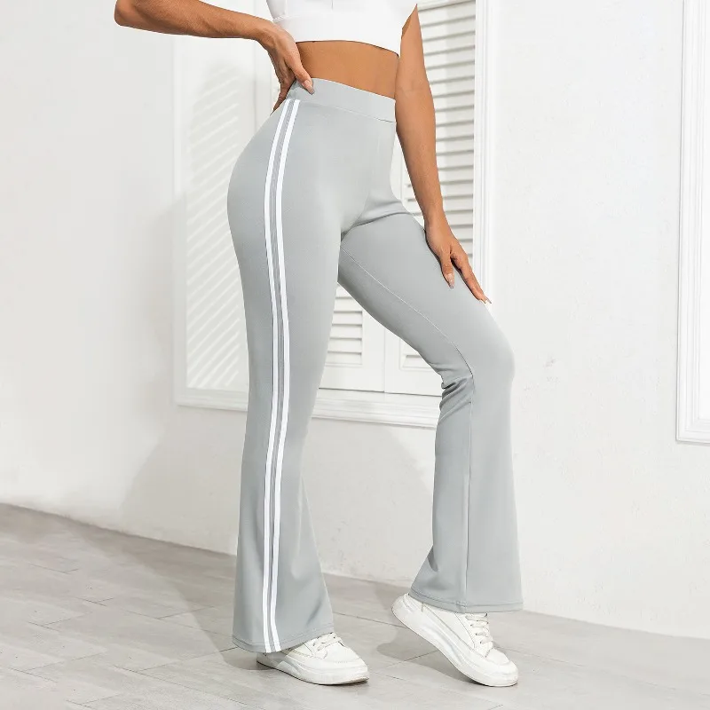 

High Waisted Sports Pants with Two Bars Fitness Running Extended Yoga Pants Slimming Slimming Casual Micro Flared Wide Leg Pants