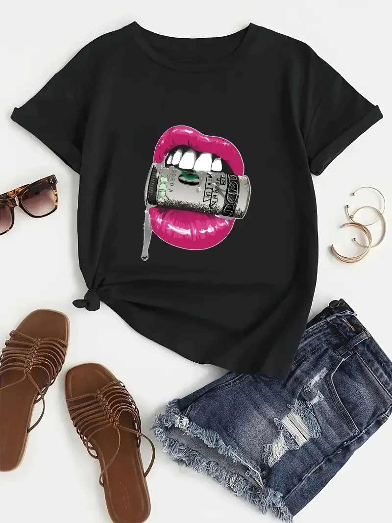 Summer, Women's Clothing Money Lips Print T-Shirt, Short Sleeve Crew Neck Casual Top For Spring