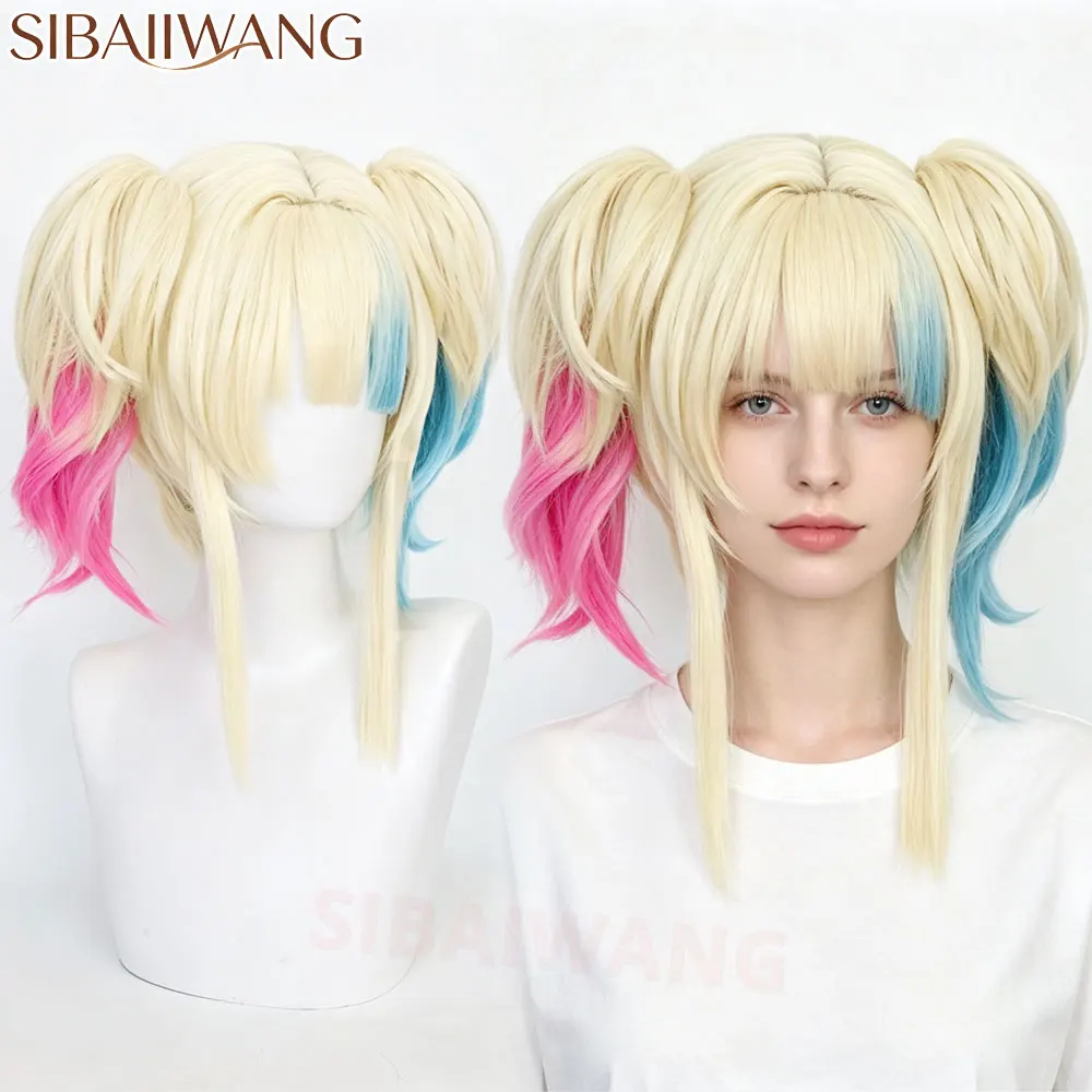 Halloween Double Ponytail Girl Cosplay golden Wigs with Bangs Anime Synthetic Wig Heat Resistant Lolita Natural Headband Hair