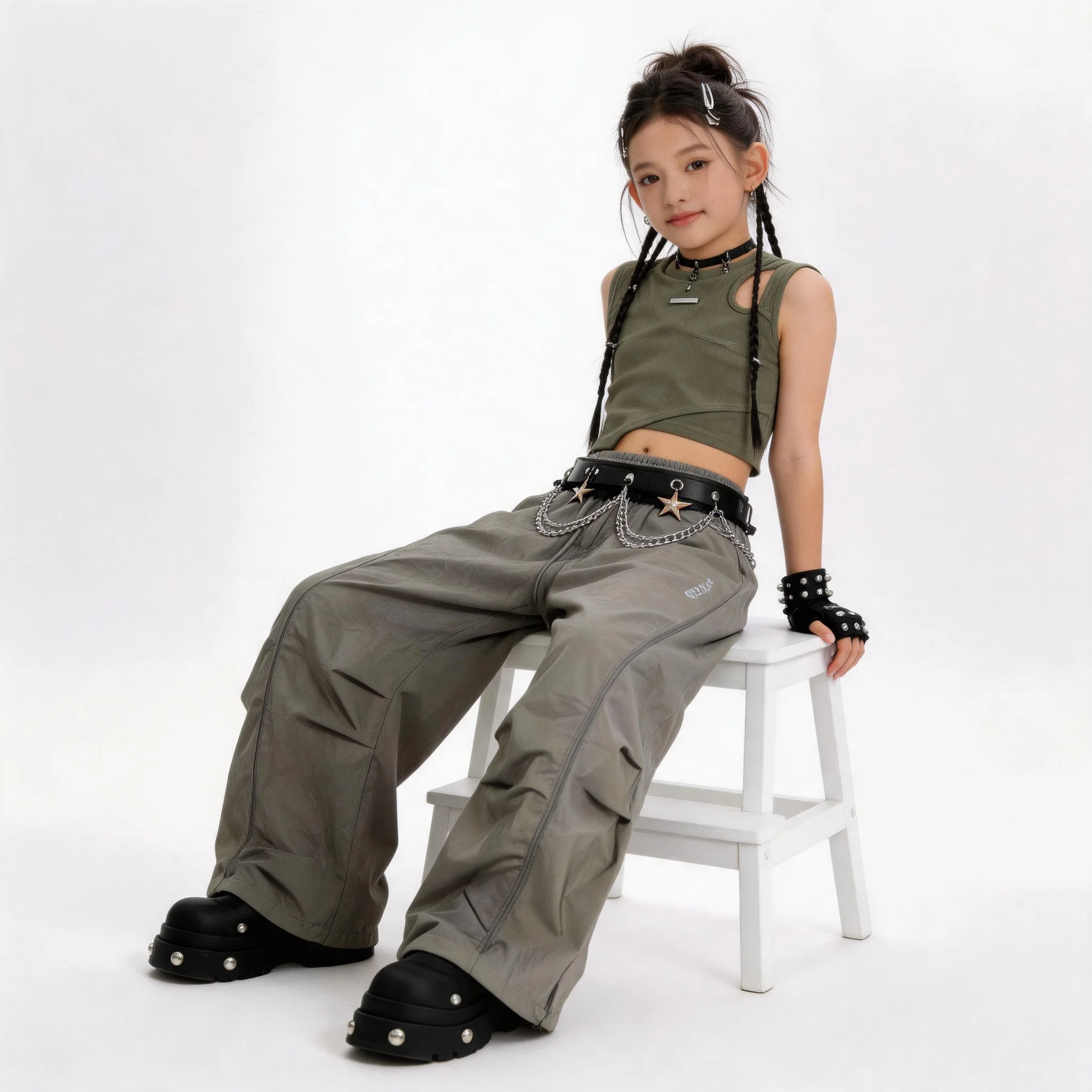 

Teen Girl Kpop Hip Hop Clothing Black Strap Crop Top Gray Casual Wide Belt Pants Jazz Dance Outfit