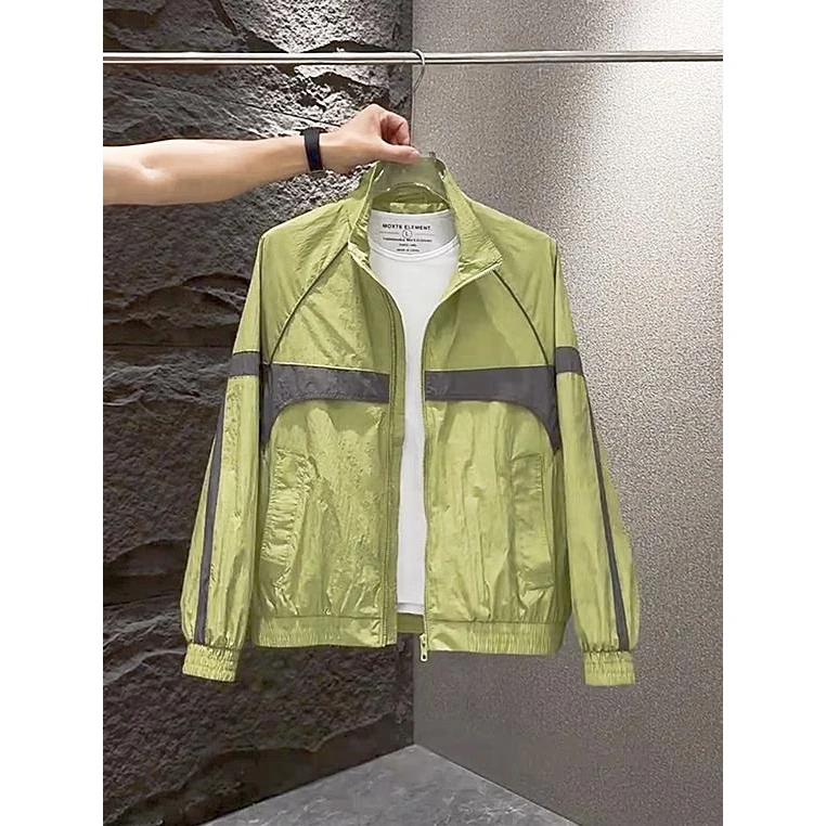 

Spring Summer 2025 Men's Lightweight Loose Fit Stand Collar Patchwork Jaet Breathable Long Sve Casual Top Polyester