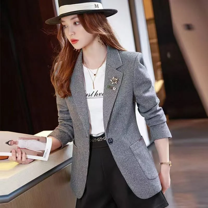 Camel gray suit jacket for women's autumn and winter new style high-end temperament top western-style casual woolen thick suit f