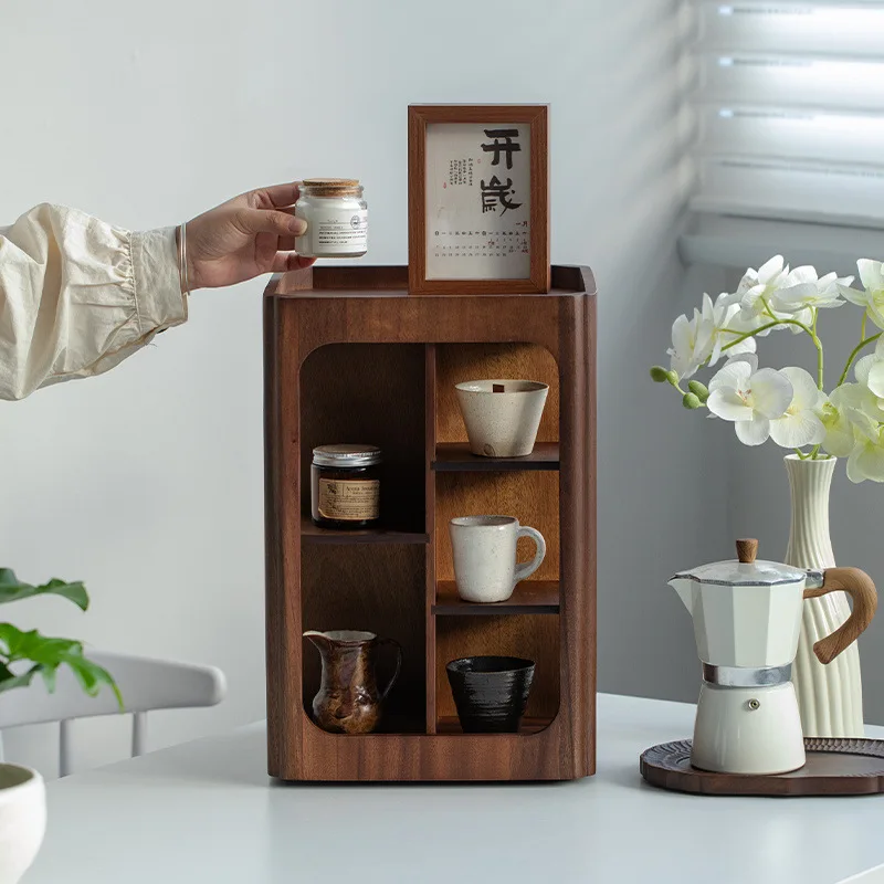 

Walnut rotatable floor rack Solid wood tea cup holder Small wooden tea ceremony Installation-free multi-layer storage rack