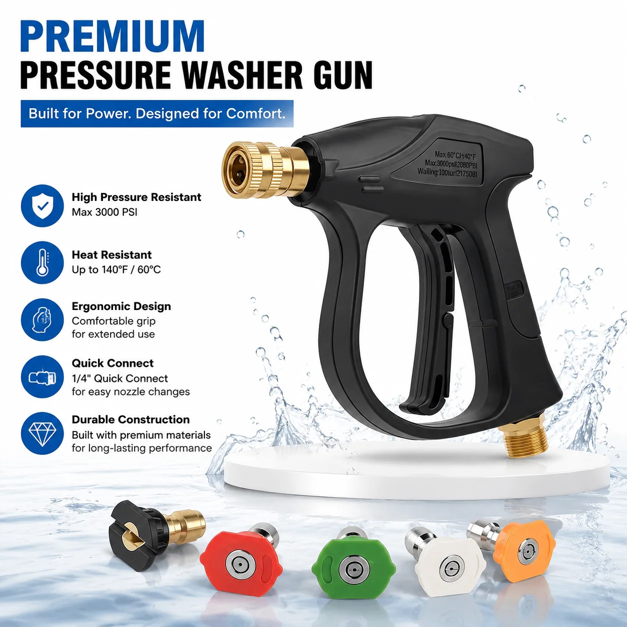 2175 PSI High Pressure Washer Gun with Blue Black Short Handle, M22-14 Thread & 1/4" Quick Connect Nozzle for Car Cleaning