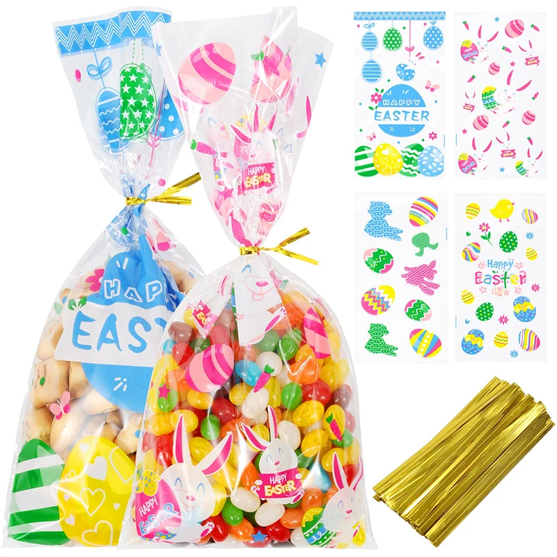 50pcs Easter Candy Gift Bags Easter Treat Bag with Ties Easter Party Kids Gifts Cookie Packaging Supplies Basket Stuffer