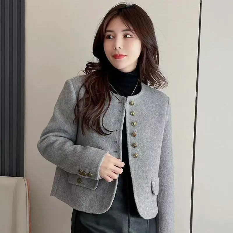 

Autumn Winter Female Solid Color Jacket O-neck Women Long Sleeves Outcoat 2025 High-end Lady Fashion Trend Short Coat