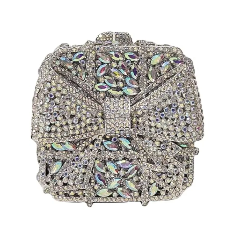 

Evening clutch bag for parties and weddings: crystal-embellished bowknot design, glitter-finish rhinestone handbag in elegant s