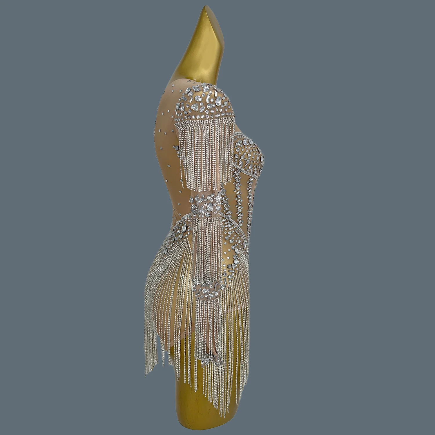 Sparkly Luxury Rhinestone Chains Tassel See Through Mesh Bodysuit Sexy Women gig Outfit Party Dance Performance Bodysuit Yixing