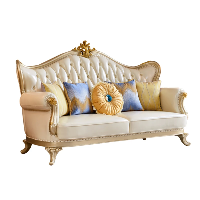 #European Style Genuine Leather Sofa Set Solid Wood Carving Luxury Sofa for Living Room Hotel Apartment Villa Use Disassembly