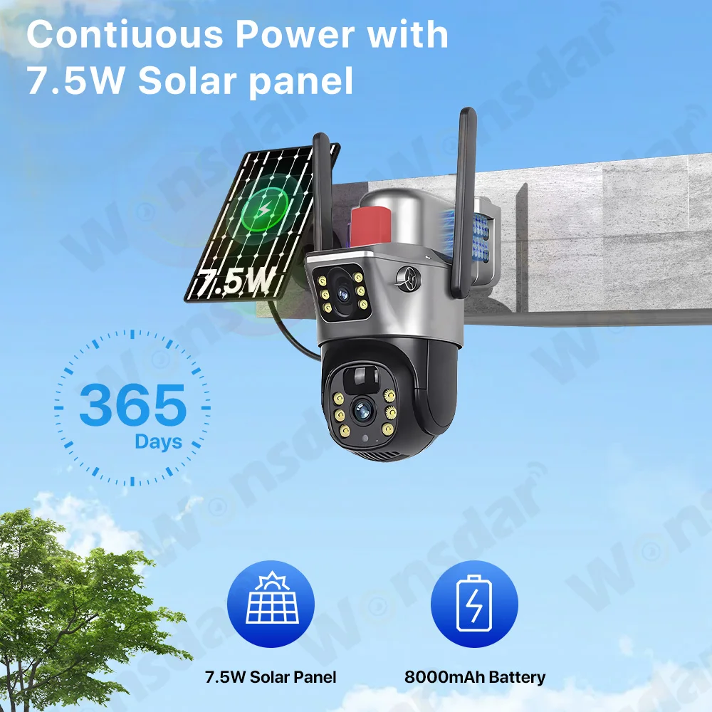 4G بطاقة SIM كاميرا تعمل بالطاقة الشمسية 8MP 4K HD عدسة مزدوجة IP66 مقاوم للماء كاميرا مراقبة أمنية خارجية بطارية عمر بطارية طويل V380
