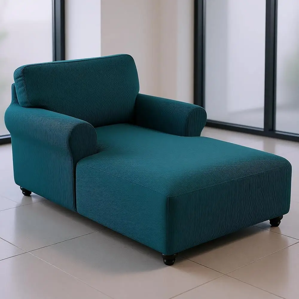 

Stretchable Chaise Lounge Cover with Armrests, Deep Teal, Washable Fabric for Living Room or Bedroom