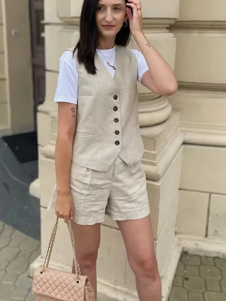 TRAF Women Elegant Solid gilet Shorts Set 2024 canotta senza maniche + pantaloncini Slim a vita alta Lady Office Casual 2 pezzi Set